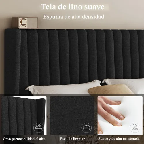 Miniatura 5 de Yaheetech - Base de cama tamaño queen con plataforma tapizada y cabecera de tela, diseño de borde ala, antideslizante y silenciosa, soporte de Negro