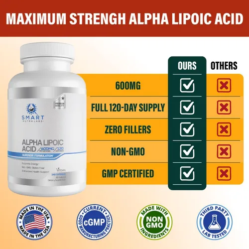 Miniatura 4 de Ácido alfa lipoico de 600 mg por porción, 240 cápsulas veganas, sin gluten, ALA puro sin OMG, apoya la energía y el antioxidante
