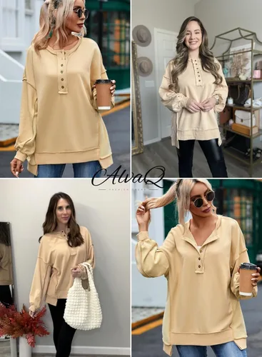 Miniatura 4 de AlvaQ - Sudadera de gran tamaño para mujer, informal, de manga larga, con botones y cuello Henley, tipo túnica
