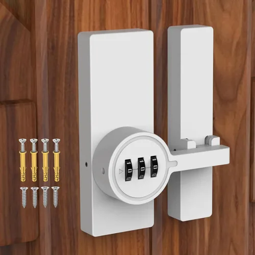 Miniatura 10 de Pestillo adhesivo para puerta de granero de 180 grados, cerraduras de gabinete con combinación, cerradura de puerta deslizante sin llave