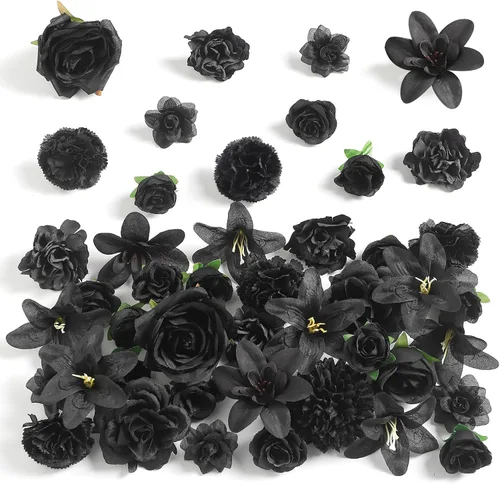 rongflower Cabezas de flores falsas para manualidades, rosas artificiales de seda negra, peonías, margaritas y cabezas florales (paquete de 48) para