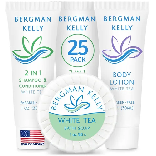 BERGMAN KELLY Barras de jabón redondas, champú y acondicionador 2 en 1 y loción de tamaño de viaje Juego de 3 piezas (té blanco, 1 oz ea, 75