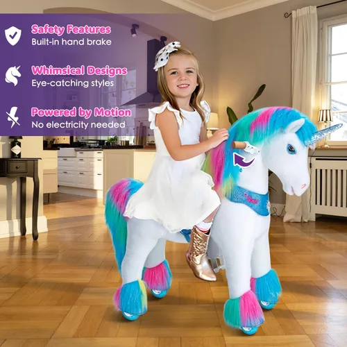 Miniatura 2 de PonyCycle Unicornio arcoíris para montar en unicornio, no requiere batería, tamaño 4, juguete mecánico de peluche, modelo avanzado Y con silla