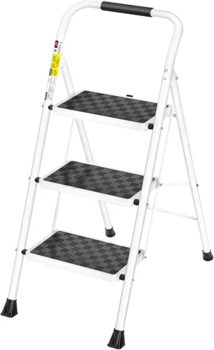 Miniatura 8 de HBTower Escalera de 2 escalones, Taburete de 2 escalones para adultos. Taburete plegable con mango acolchado con escalón ancho antideslizante