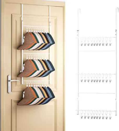 Miniatura 13 de HapiRm Perchero para Puerta - Organizador de Sombreros de 3 Niveles Montado en la Pared con 16 Ganchos y 10 Clips Móviles, Organizador de Sombreros
