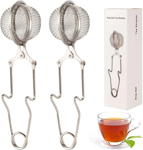 Exptolii - Filtro de té Snap Ball, paquete de 2 filtros infusores de té de acero inoxidable con asa para té de hojas sueltas, especias, condimentos