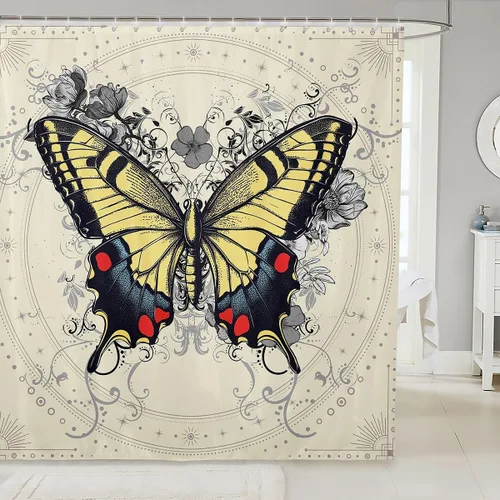 Butterfly Shower Curtain Bohemian Bathroom Shower Curtain Set for Kids Adult Sun Moon Bath Curtain Yellow Butterfly Waterproof Curtains Room Decor