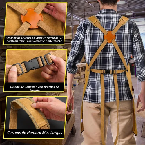 Miniatura 5 de Delantal de carpintería para hombres, delantal de trabajo de lona de 20 onzas con 9 bolsillos para herramientas, delantal de trabajo de madera Caqui