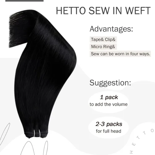 Miniatura 4 de Hetto - Extensiones de cabello humano real para coser, color negro azabache, #1, 12 pulgadas, 2.47 onzas Adhesivo suave, fuerte, uso diario