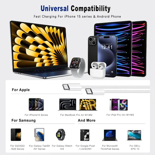 Miniatura 6 de Cable USB C a USB C de 6 pies, paquete de 2 cables de carga tipo C de 60 W (3A), cable de carga rápida trenzado compatible con 17/17 Air/17/16/15/15