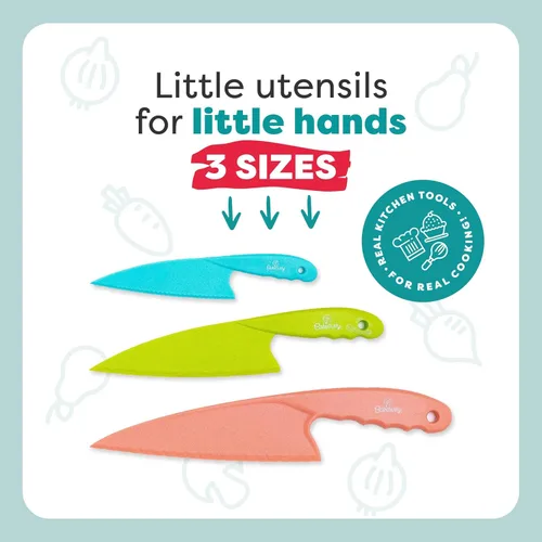 Miniatura 8 de Baketivity Juego de cuchillos para niños de 3 piezas Cuchillos seguros de plástico para niños para cocina Juego de cuchillos para niños pequeños