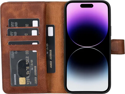 Miniatura 70 de HARDISTON Funda de piel auténtica de alta calidad hecha a mano para iPhone 11 Pro de 5.8 pulgadas, tarjeteros de doble folio, funda magnética Negro