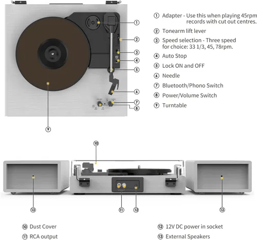 Miniatura 5 de Tocadiscos de vinilo con 2 altavoces estéreo externos, giradiscos con transmisión por correa y soporte Bluetooth, 3 velocidades, salida RCA
