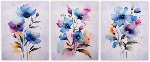 Vintage Wild Blue Flowers Botanical Wall Art - Give Your Home A Touch of Elegance With Plant Pictures Wall Art, Unframed Set of 3, 8x10 Botanical