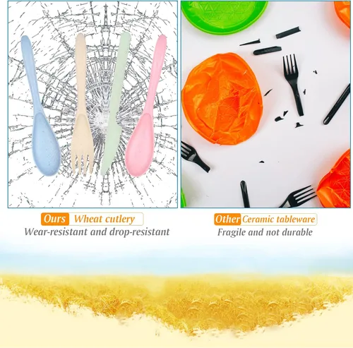Miniatura 4 de Juego de tenedores, cucharas y cuchillos, juego de cubiertos de paja de trigo, juego de cubiertos reutilizables para 4, utensilios para fiesta