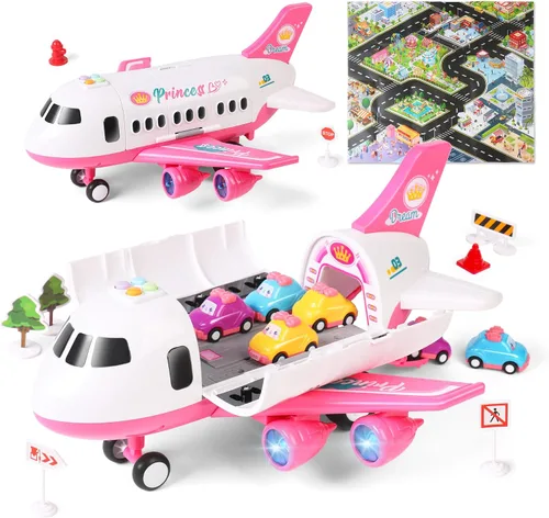 Dwi Dowellin Juguete de avión rosa con 6 camiones y tapete de juego, avión con luces y sonidos para niños y niñas de 3, 4, 5, 6, 7 años