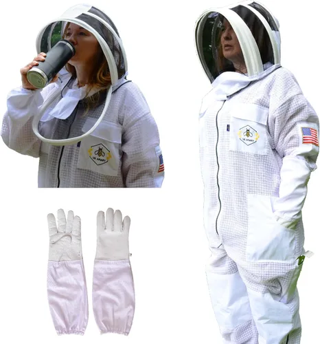 Traje de abeja de 3 capas con velo de esgrima un par de guantes a prueba de picaduras traje de apicultura ventilado Blanco