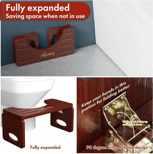 Miniatura 4 de Beinilai Taburete de inodoro plegable para adultos, taburete de 7 pulgadas para baño, orinal de bambú para adultos con tira antideslizante (marrón)