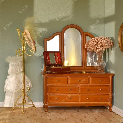 Miniatura 5 de iLAND Muebles y accesorios para casa de muñecas a escala 1:12, perchero en miniatura y espejo completo (color dorado)