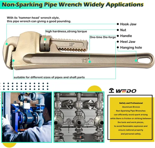 Miniatura 5 de WEDO Llave de tubo sin chispas (longitud 23.622 in, apertura máxima 2.953 in), llave de fontanería recta sin chispas, llave de seguridad sin Bronce