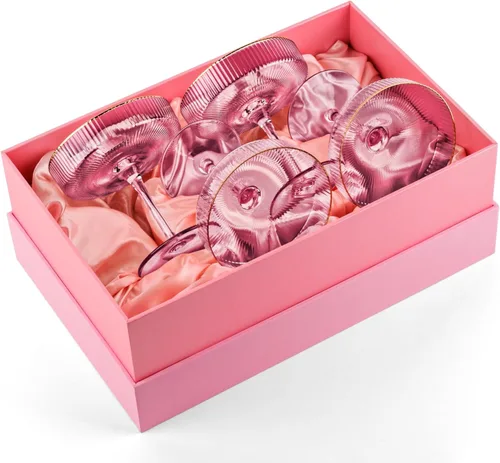 Miniatura 3 de GLASSIQUE CADEAU Vasos vintage Art Deco Blush Pink Coupé con bordes dorados Juego de 4 Cristalería de cóctel acanalada de cristal de 7 onzas