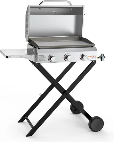 Miniatura 2 de ONLYFIRE GRILLS Plancha portátil de gas propano de 3 quemadores con carrito plegable y mesa auxiliar, parrilla de gas plana con tapa, para cocinar