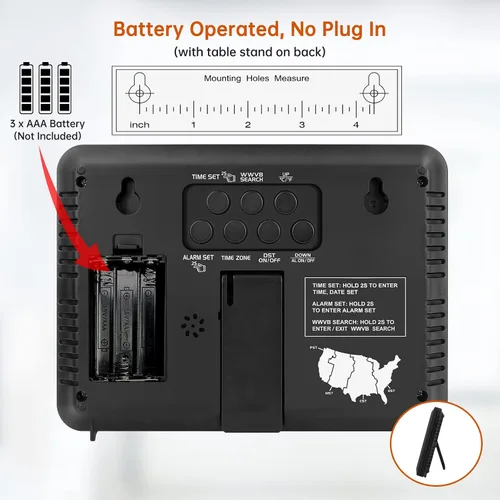 Miniatura 8 de WallarGe - Reloj de pared digital atómico, funciona con pilas, autoconfiguración, pantalla grande con temperatura, fecha, día de la semana, reloj
