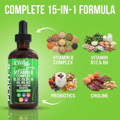 Miniatura 4 de Gotas Líquidas de Complejo de Vitamina B Tiamina B1, B6, B2, B3, B4, B5, B7 B9, B12, Niacinamida, Paba, Colina Inositol Taurina Probióticos Raíz