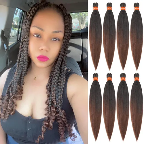 Miniatura 27 de Cabello trenzado preestirado ombré, extensiones de cabello trenzado sedoso, sin picazón, trenzas de cabello trenzado de ganchillo con textura Yaki