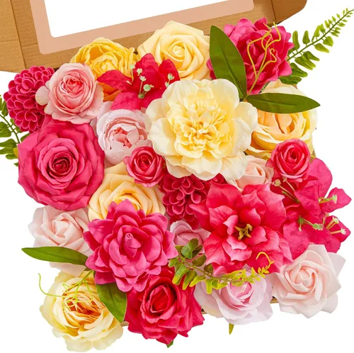 Miniatura 7 de Serwalin Flores de seda, flores artificiales burdeos para decoración de boda, rosas falsas rosas rosas y rojas con tallos y caja de vegetación, A