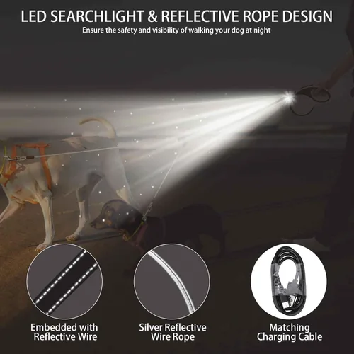 Miniatura 2 de BINGPET Correa doble retráctil para perro con luz, correa doble para perros sin enredos de 360° para dos perros con cuerdas de alambre reflectantes