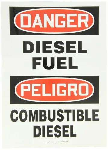 Accuform SBMCHL226VS - Letrero bilingüe español de vinilo adhesivo, leyenda "Danger Diesel Fuel/PELIGRO Combustible Diesel", 14 pulgadas de largo x