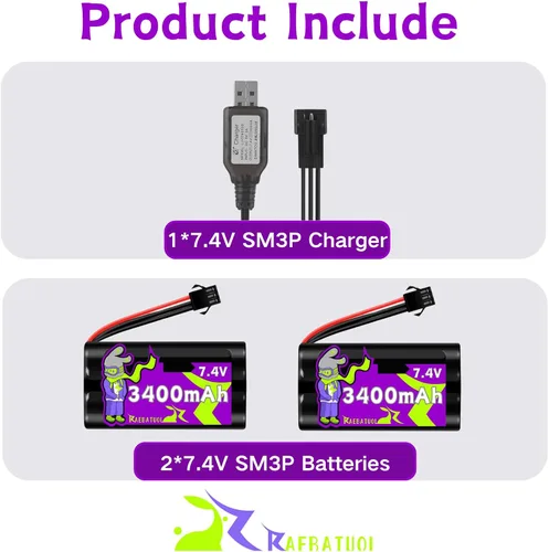 Miniatura 5 de Batería de 3400mAh 7.4V con enchufe SM-3P, batería recargable de alta capacidad para camión RC G03060R, Huina 1575, DE43 DE60 Racing Car Nueva