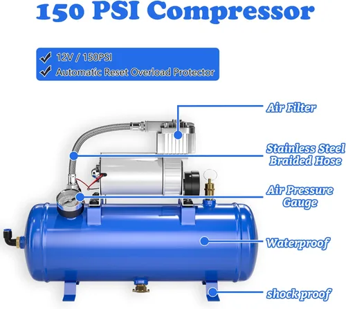 Miniatura 5 de Kit de bocina de aire de tren de 150 DB, kit de 4 bocinas de tren ruidosas para compresor de aire de 150 PSI 12V 1.59 galones para camiones, Azul
