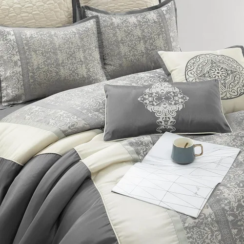 Miniatura 3 de Grand Avenue - Juego de edredón de damasco de patchwork plateado/marfil, 8 piezas, funda de almohada de jacquard, falda de cama, almohada