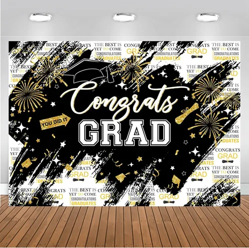 Miniatura 5 de Mocsicka Telón de fondo de graduación de 7 x 5 pies – Congrats Grad Black Gold 2026 decoraciones de fiesta de graduación, fondos de fotografía