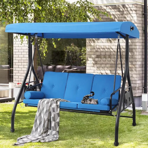 Miniatura 7 de Columpio de porche al aire libre de 3 asientos con toldo ajustable, cama convertible con soporte, planeador de patio con cojín, almohada y soporte