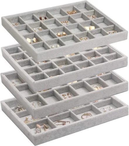 DIOMMELL Juego de 4 bandejas apilables de terciopelo para joyas, caja de almacenamiento de exhibición, soporte para aparador, cajón organizador para