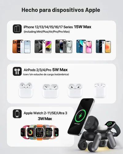 Miniatura 9 de UEQ Estación de carga inalámbrica 3 en 1 para dispositivos Apple, soporte de cargador inalámbrico plegable con luz nocturna para iPhone 17 Air 16 15