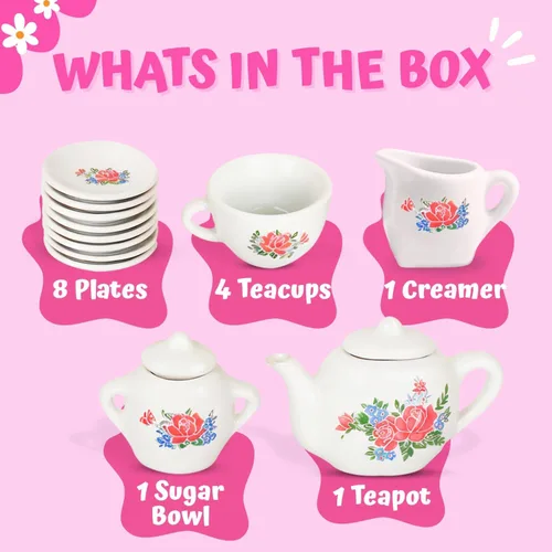 Miniatura 2 de Juego de té de cerámica de porcelana en miniatura floral de 17 piezas, juego de simulación para niños, juego de cocina pequeño, muñeca divertida