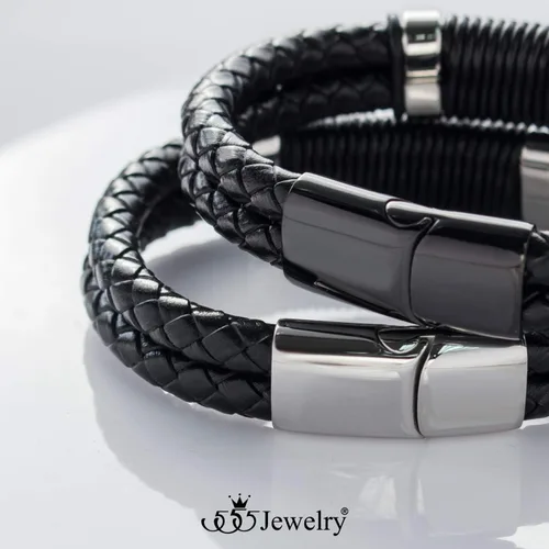 Miniatura 5 de 555Jewelry Pulsera de bloqueo de diapositivas de cuero trenzado doble de acero inoxidable