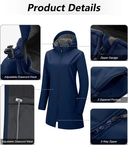 Miniatura 3 de 33,000ft Chaqueta de Lluvia Impermeable para Mujer de Softshell Largo con Capucha y Forro de Forro Polar, Cortavientos