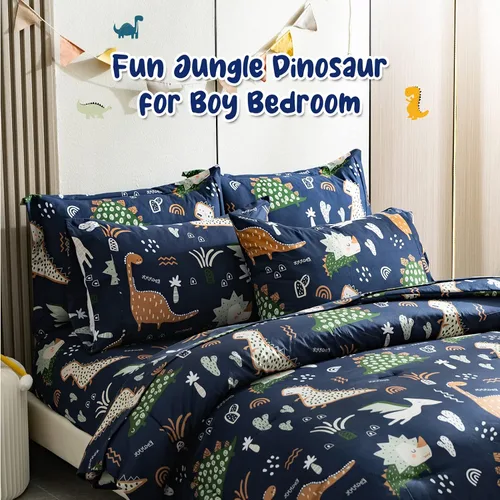 Miniatura 2 de HollyHOME Juego de edredón de 5 piezas para adolescentes en una bolsa con patrón de dinosaurio, juego de ropa de cama para niños, azul
