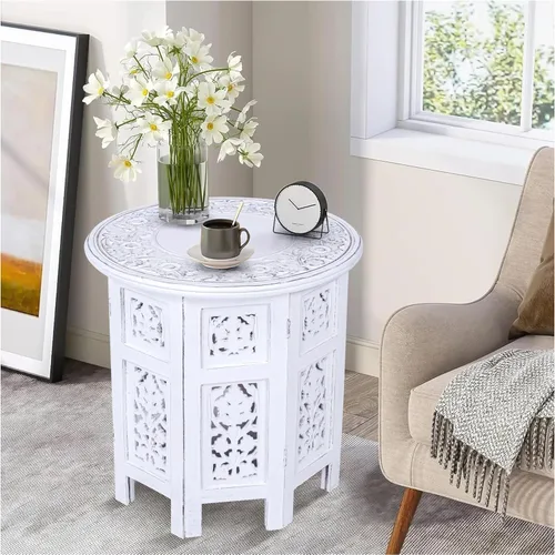 Miniatura 11 de Mesa auxiliar en madera de mango - Mesa auxiliar de madera maciza artesanal, mesa de acento tallada para decoración de sala de estar, dormitorio
