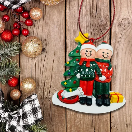 Miniatura 5 de Adorno Colgante de Pareja Embarazada y Perro - Adorno de Navidad para Esperando con Hueso de Perro, Personalizado Pareja con hueso