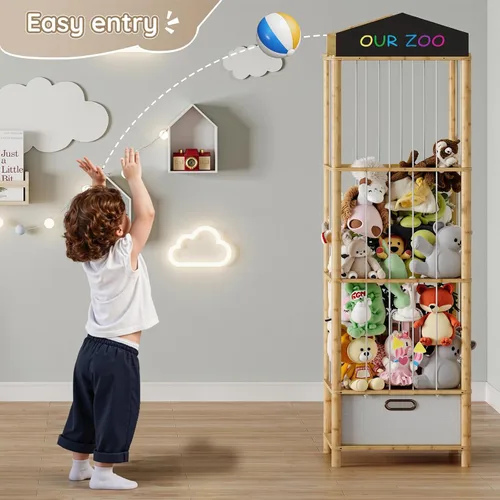 Miniatura 2 de HOOBRO Almacenamiento de animales de peluche, organizador de animales de peluche de bambú con cajón de tela y pizarra de bricolaje, organizador