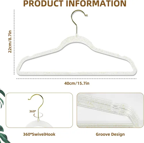 Miniatura 2 de Perchas de plástico transparente – Paquete de 20 perchas antideslizantes para abrigos y ropa con purpurina brillante para bodas – Organización