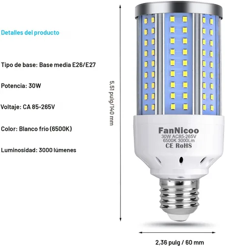 Miniatura 2 de Paquete de 2 bombillas LED de maíz equivalentes a 200W, 3000 lúmenes, 6500K luz blanca fría diurna, 30W, lámpara LED de maíz E26/E27, base mediana