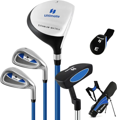 Juego de palos de golf junior Tangkula para niños diestros, incluye madera de fairway #3 y hierros #7/#9, putter, funda para la cabeza y capucha Azul