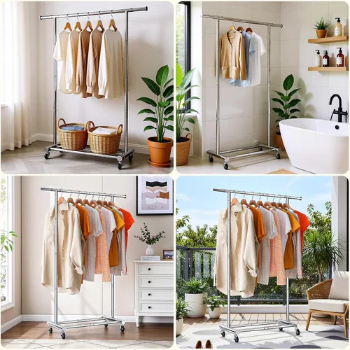 Miniatura 7 de TigerParty Perchero para colgar ropa, perchero de ropa resistente de acero inoxidable, perchero rodante extensible y ajustable con ruedas